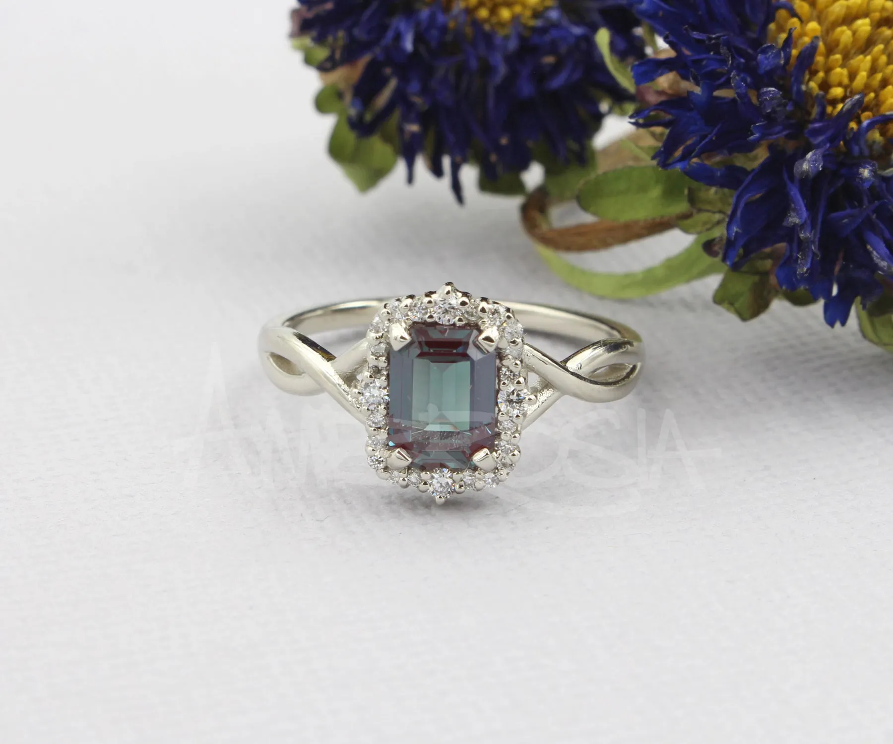 Emerald cut Alexandrite Halo Twist Diamond Engagement Ring