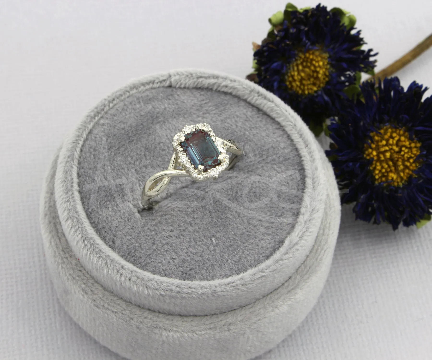 Emerald cut Alexandrite Halo Twist Diamond Engagement Ring