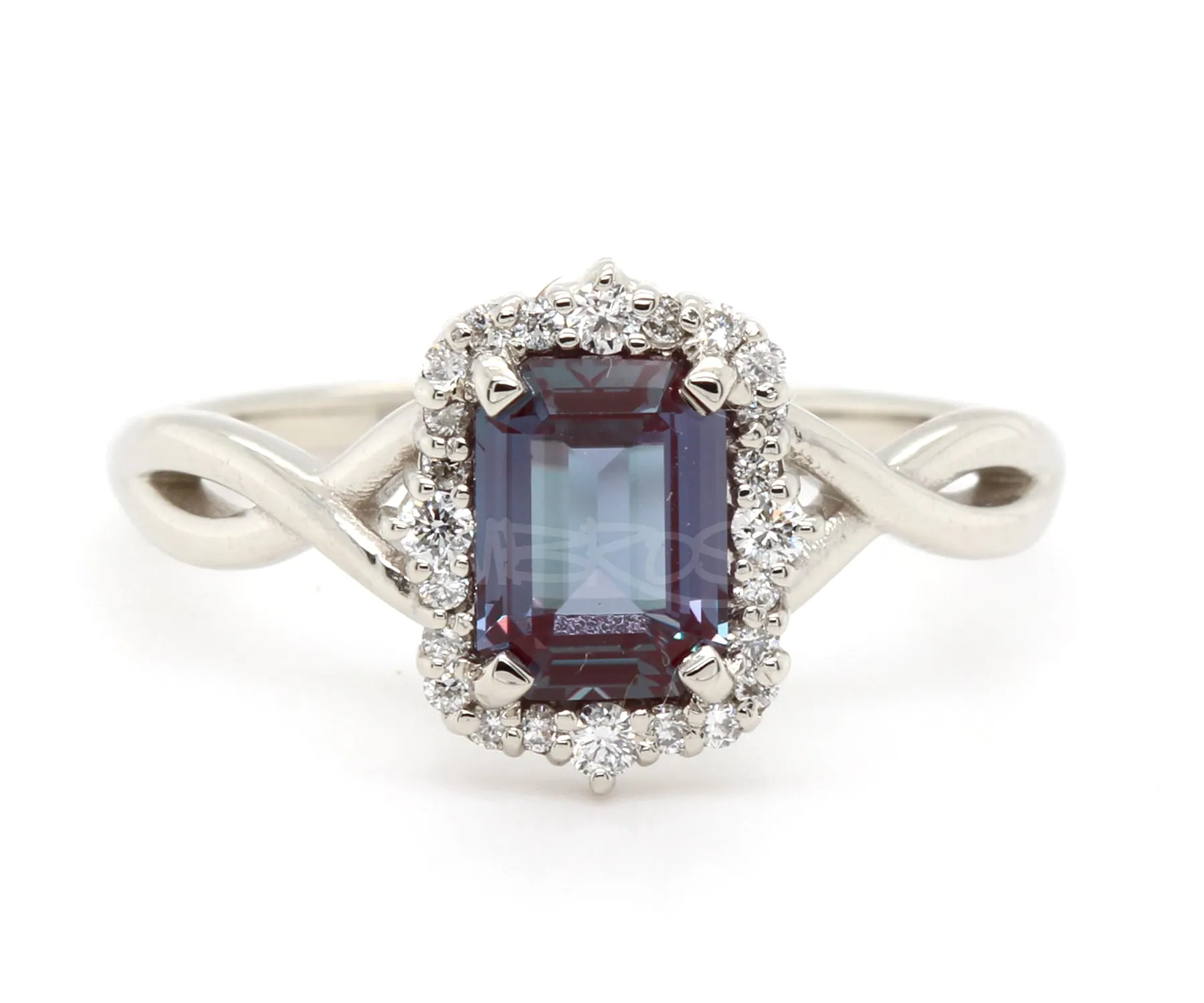 Emerald cut Alexandrite Halo Twist Diamond Engagement Ring