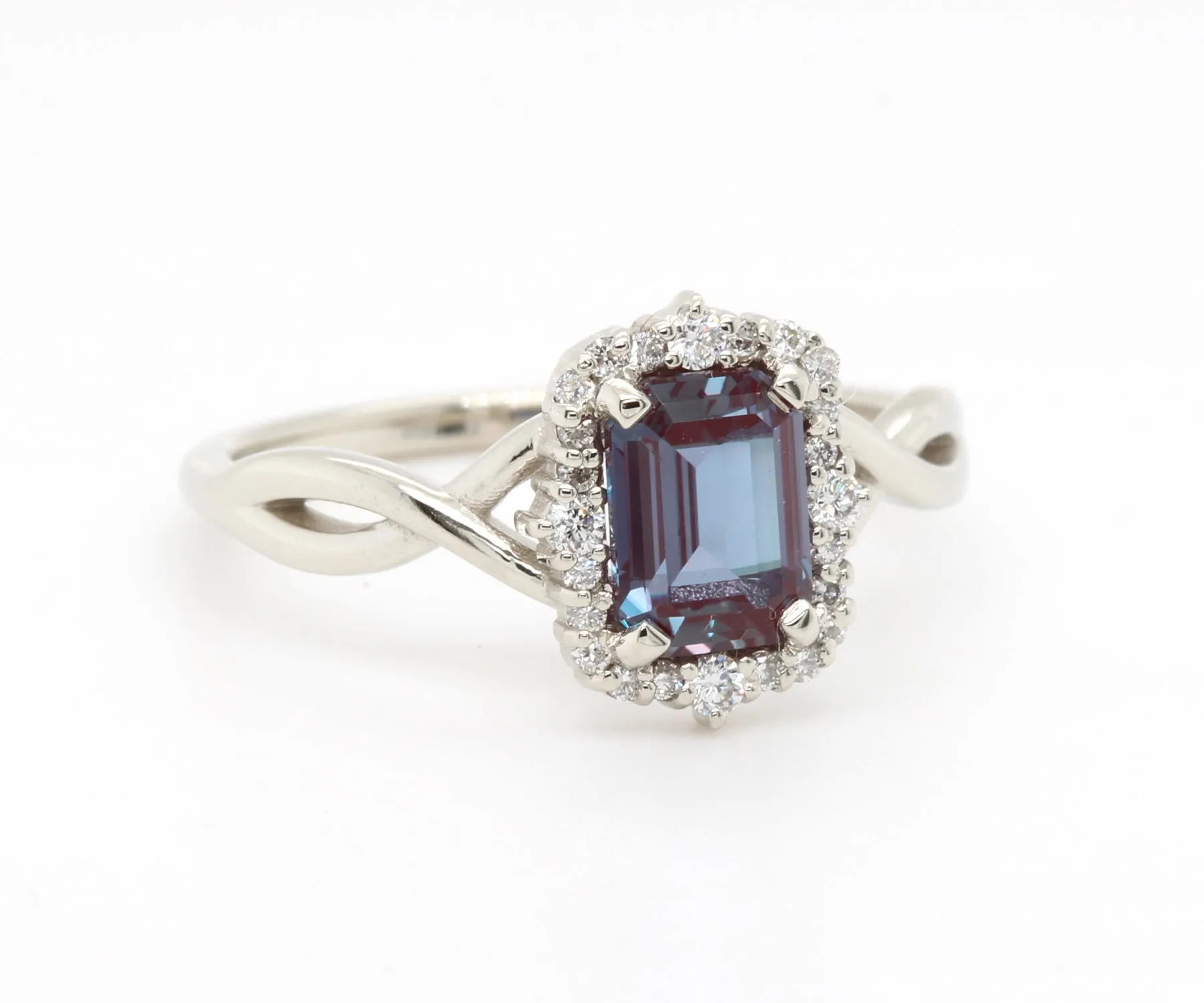 Emerald cut Alexandrite Halo Twist Diamond Engagement Ring