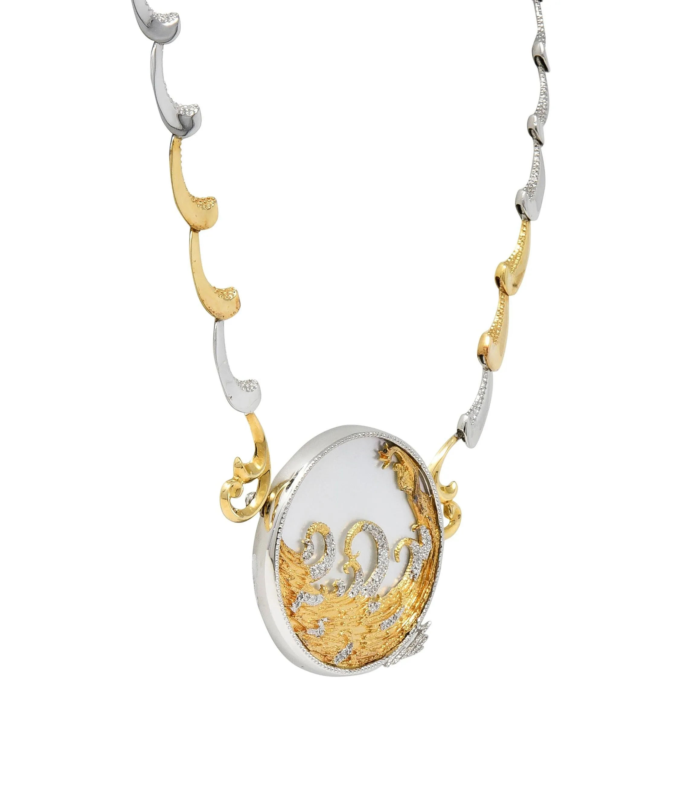 Erté 1980's Diamond Mother-Of-Pearl 14 Karat Gold Silver Aphrodite Brooch Necklace
