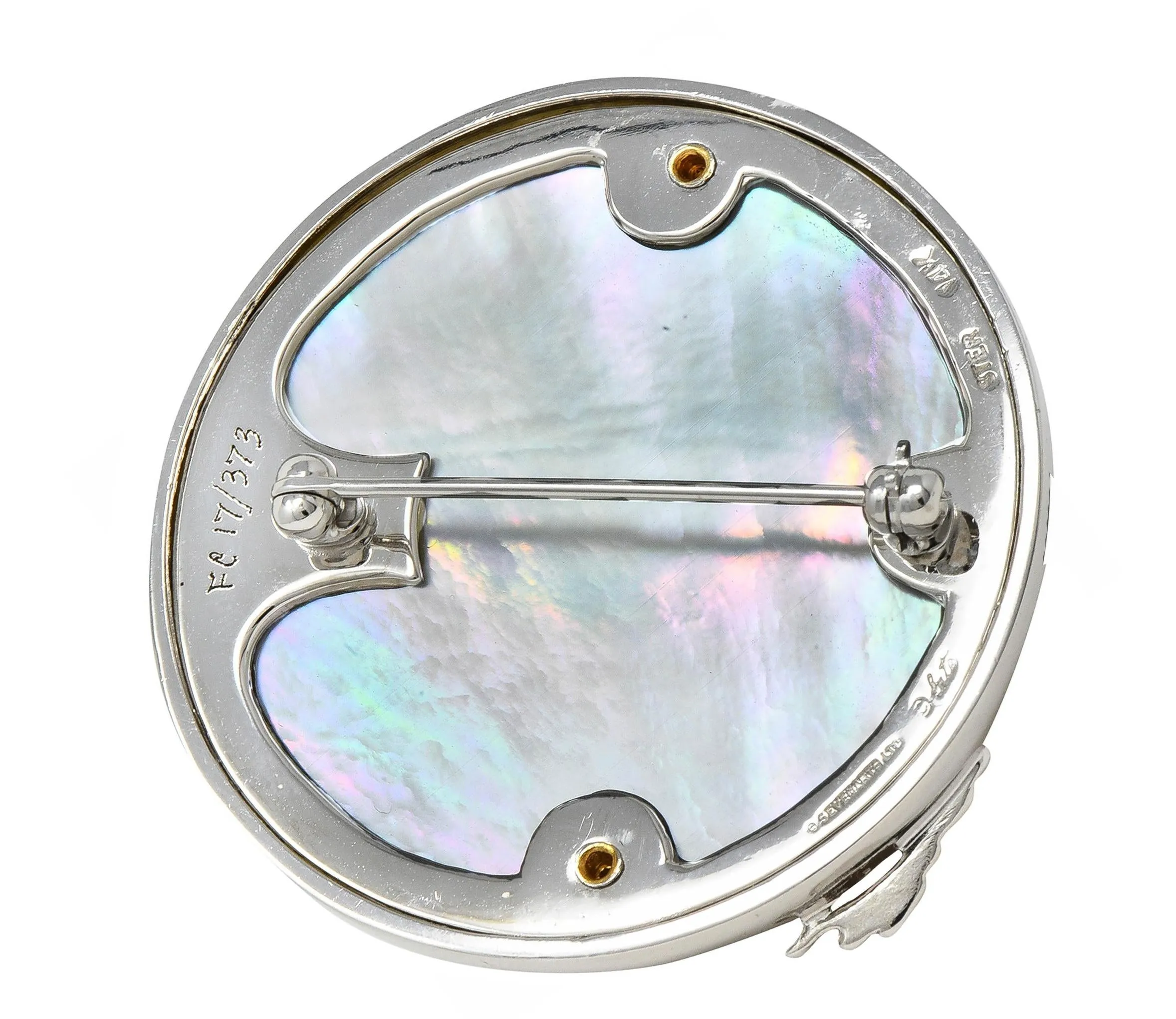 Erté 1980's Diamond Mother-Of-Pearl 14 Karat Gold Silver Aphrodite Brooch Necklace