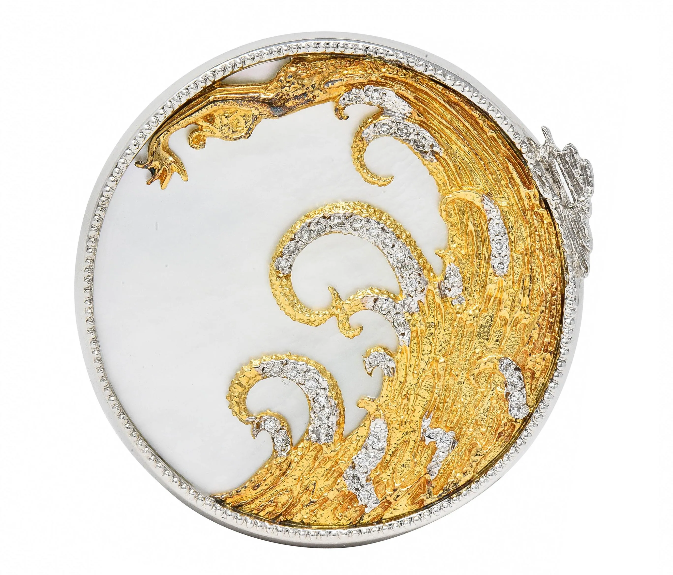 Erté 1980's Diamond Mother-Of-Pearl 14 Karat Gold Silver Aphrodite Brooch Necklace