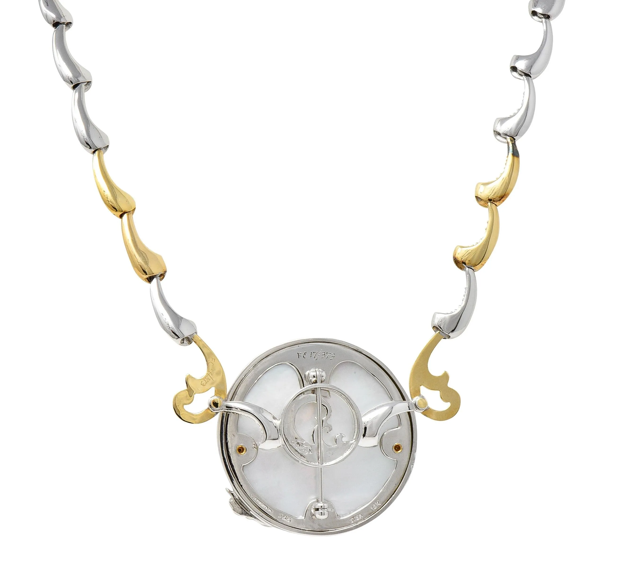 Erté 1980's Diamond Mother-Of-Pearl 14 Karat Gold Silver Aphrodite Brooch Necklace