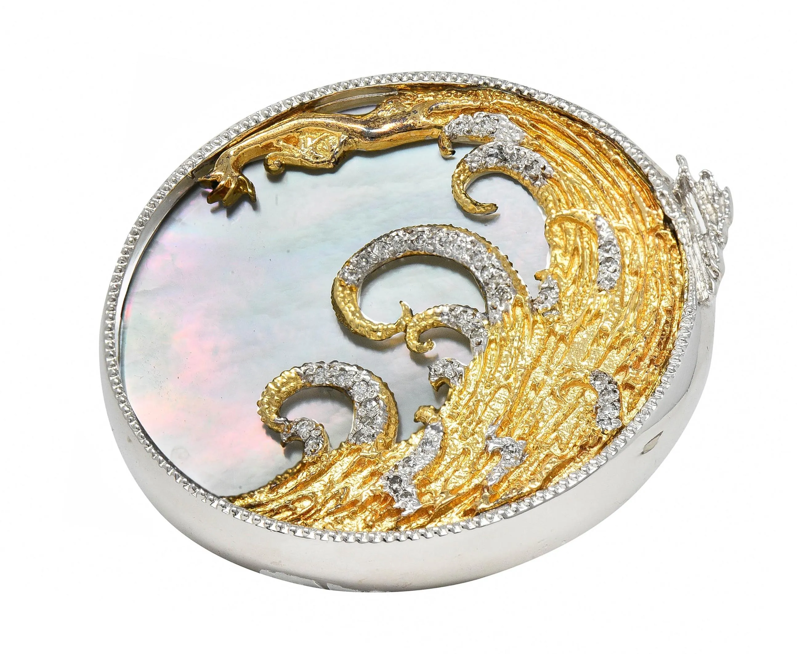 Erté 1980's Diamond Mother-Of-Pearl 14 Karat Gold Silver Aphrodite Brooch Necklace
