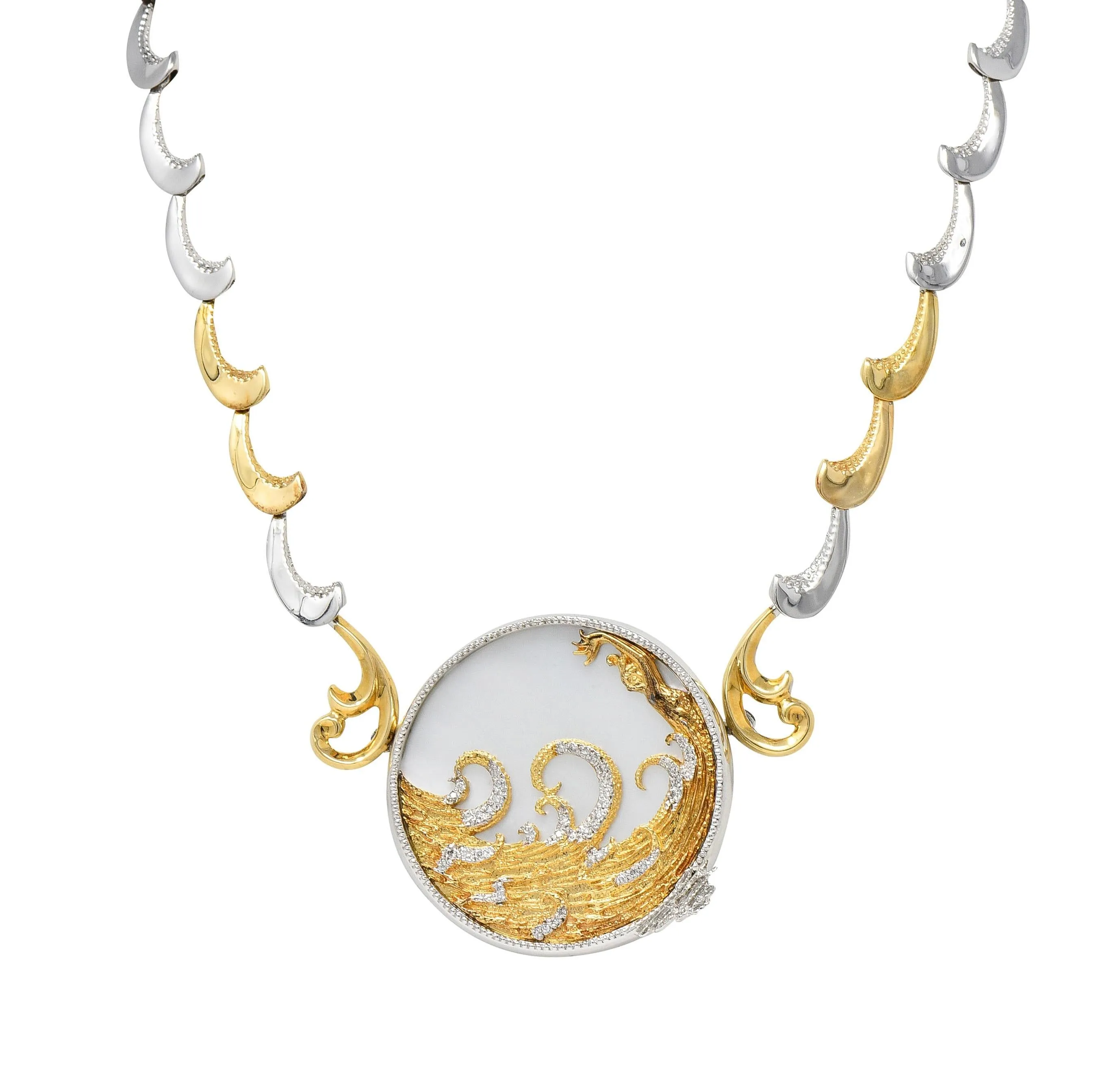 Erté 1980's Diamond Mother-Of-Pearl 14 Karat Gold Silver Aphrodite Brooch Necklace