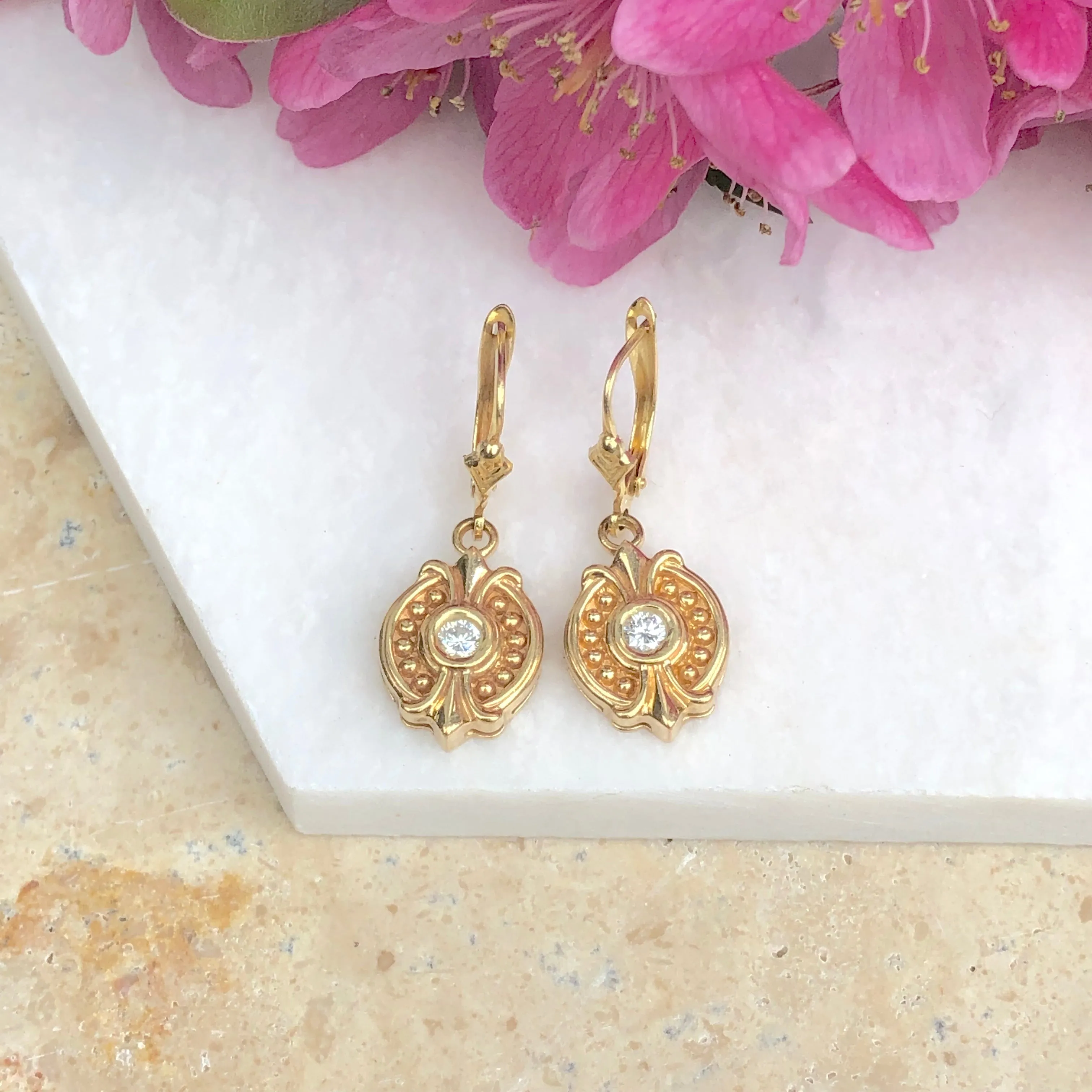 Estate 14KT Yellow Gold .30 CT Bezel Set Diamond Lever Back Earrings