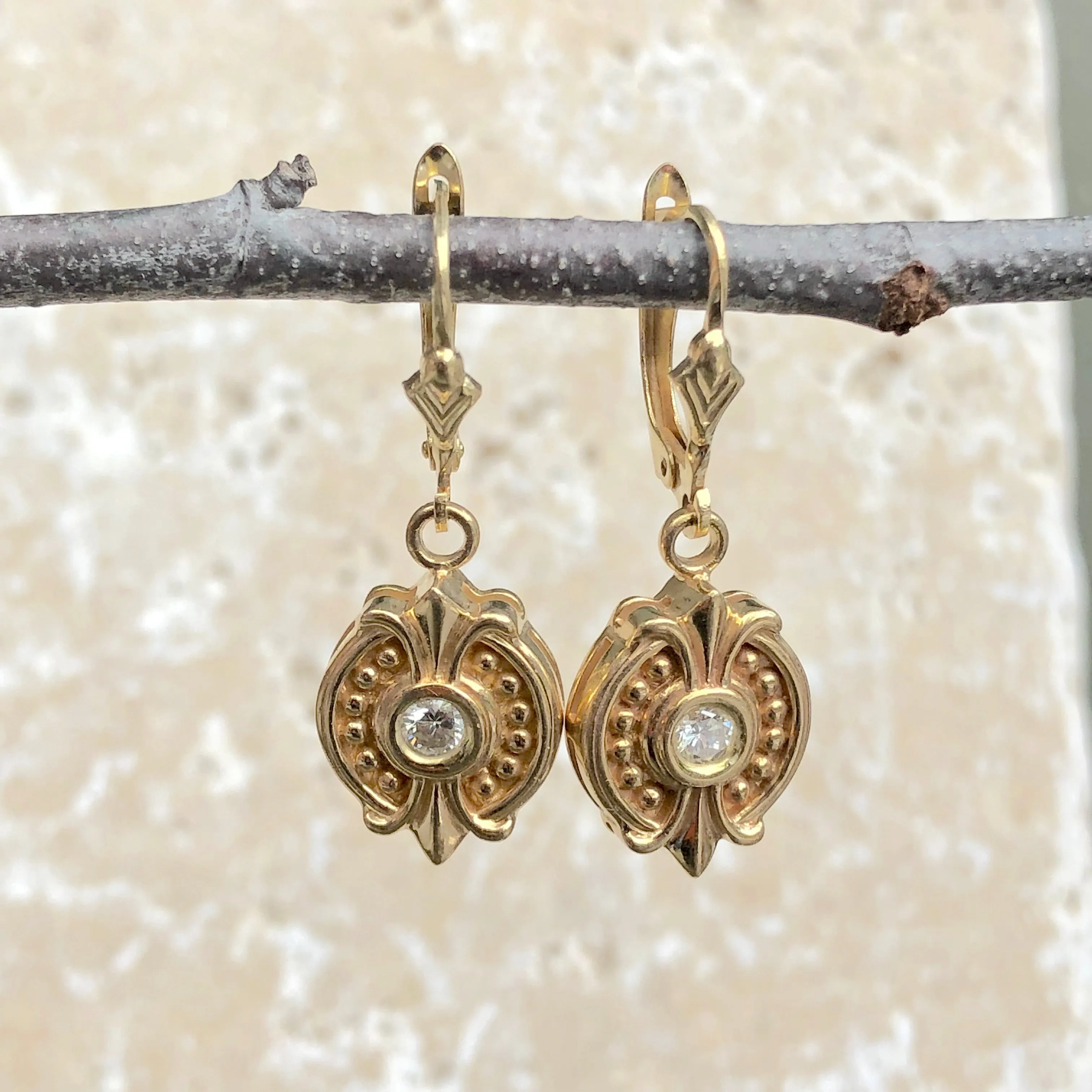 Estate 14KT Yellow Gold .30 CT Bezel Set Diamond Lever Back Earrings
