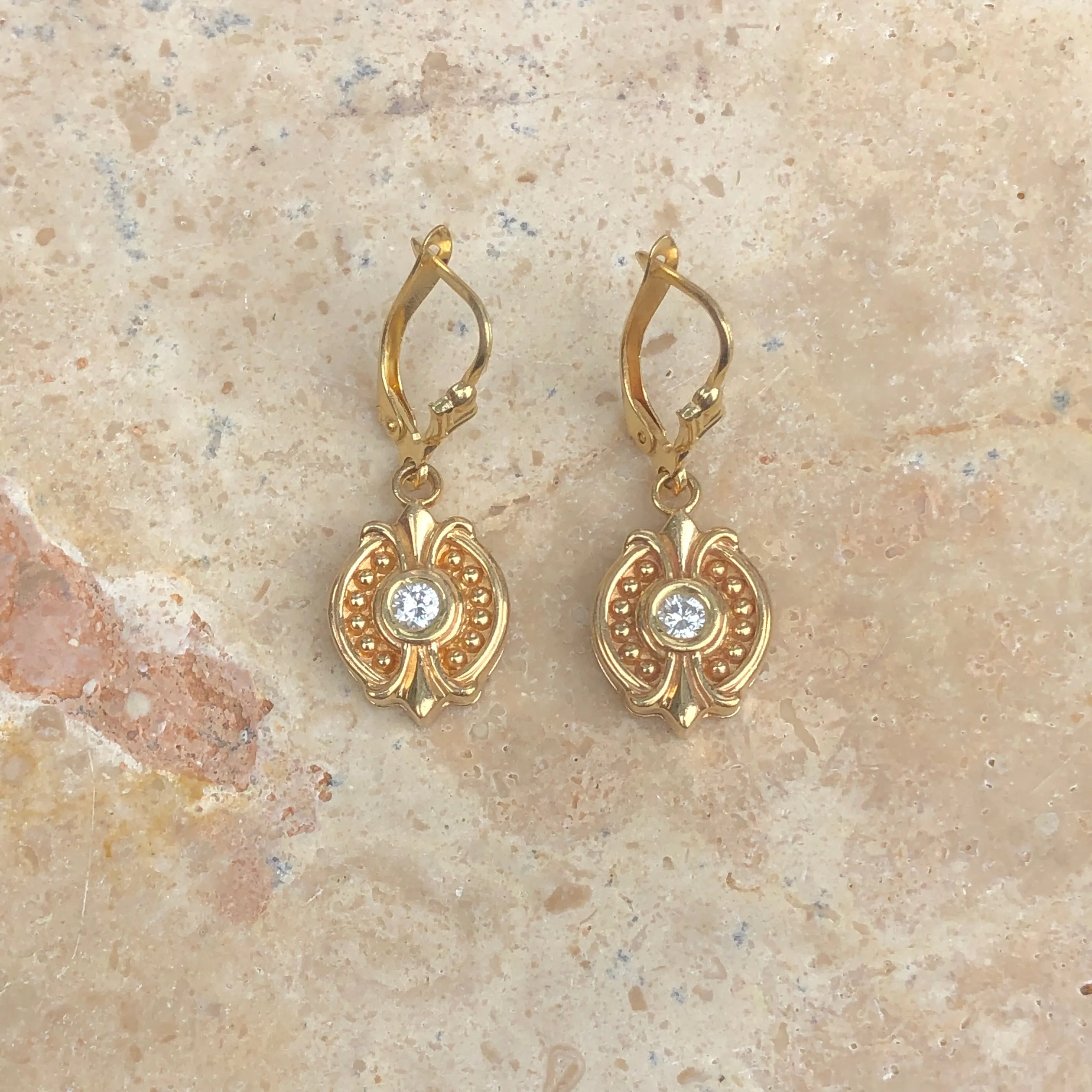 Estate 14KT Yellow Gold .30 CT Bezel Set Diamond Lever Back Earrings