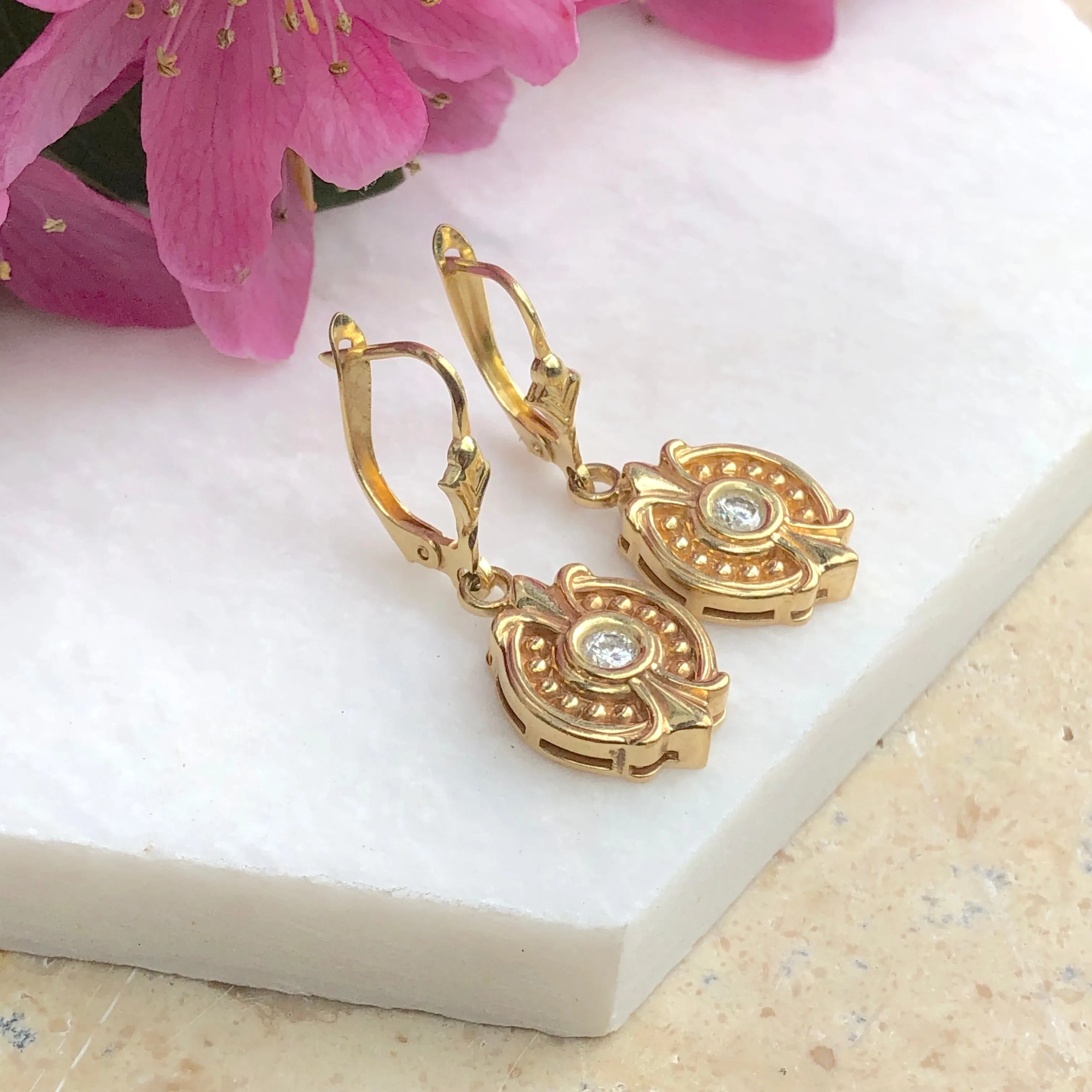 Estate 14KT Yellow Gold .30 CT Bezel Set Diamond Lever Back Earrings