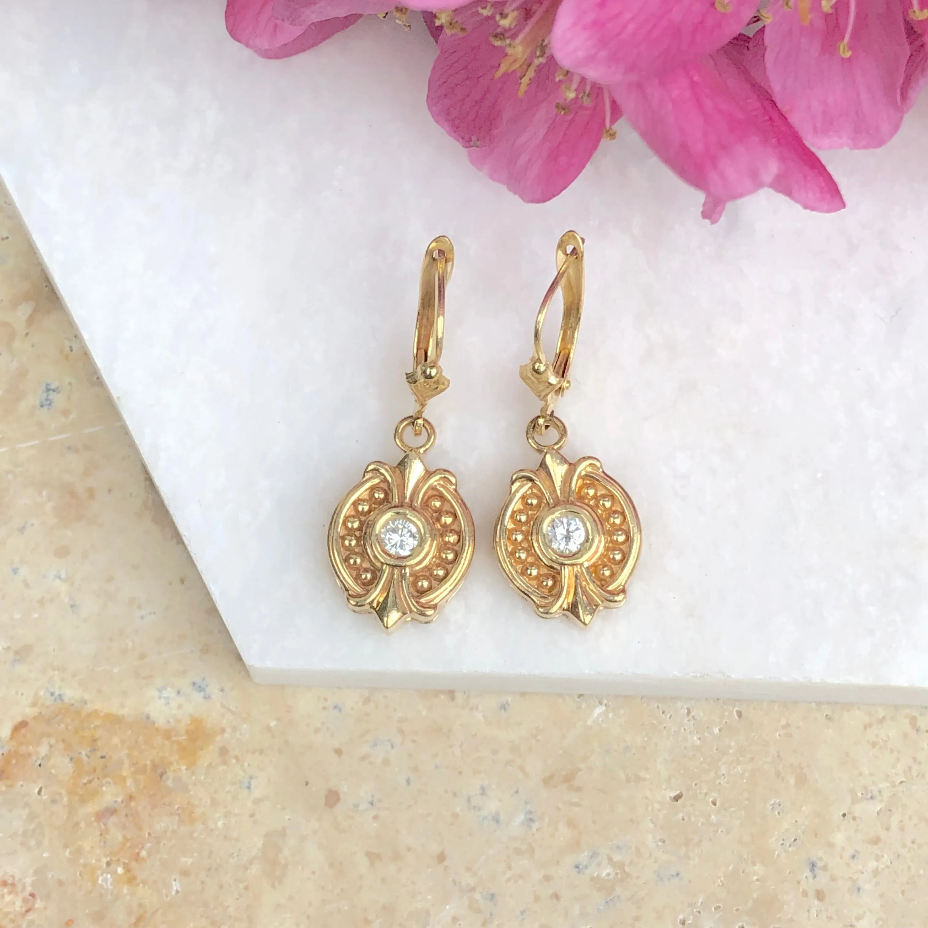 Estate 14KT Yellow Gold .30 CT Bezel Set Diamond Lever Back Earrings