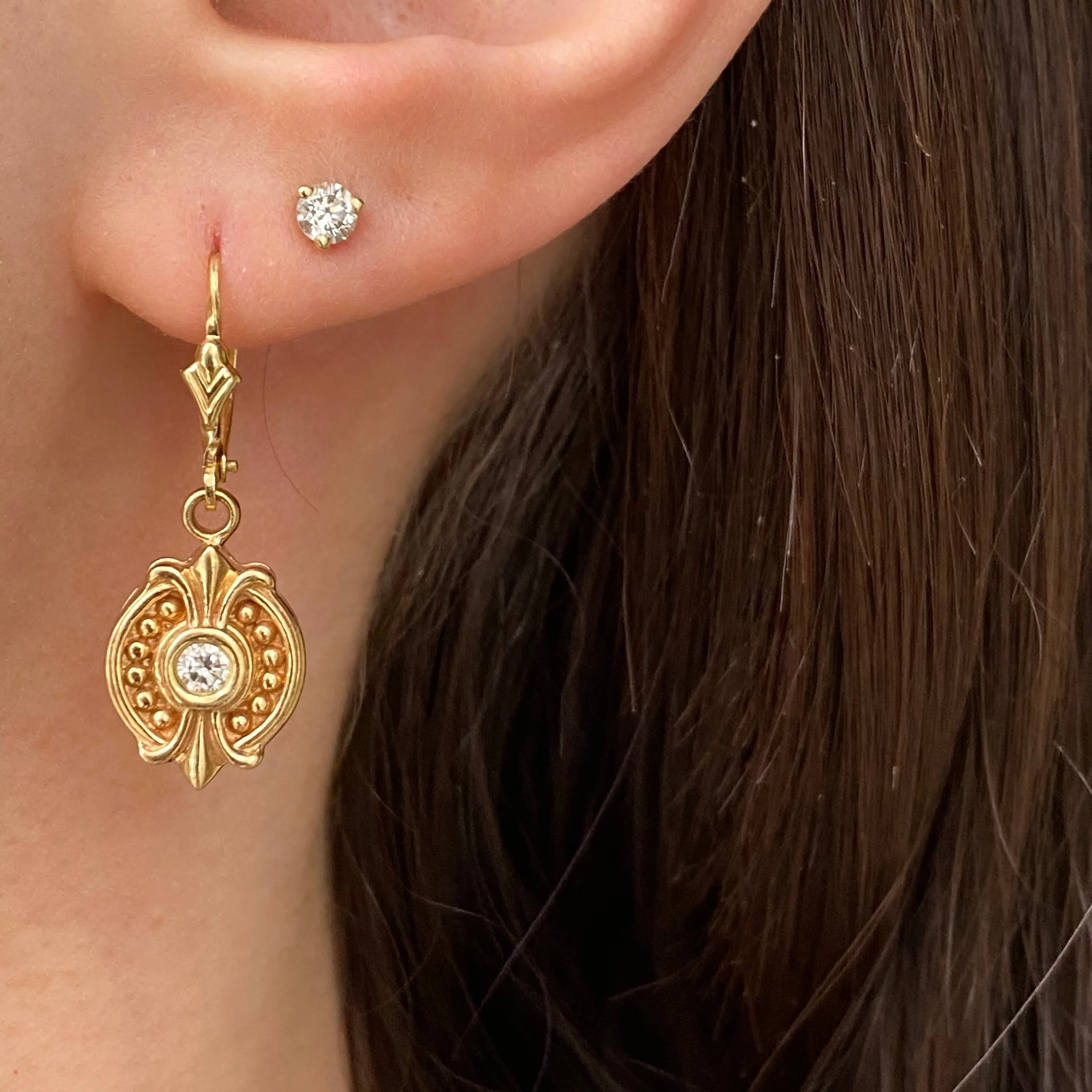 Estate 14KT Yellow Gold .30 CT Bezel Set Diamond Lever Back Earrings