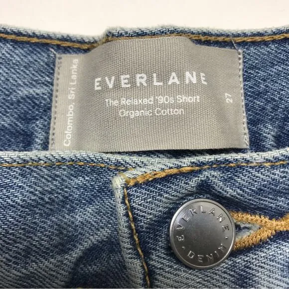 EVERLANE Short Women Sz 27 Blue '90s Mid Rise Raw Hem Organic Classic Preppy NWT