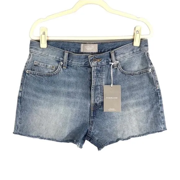 EVERLANE Short Women Sz 27 Blue '90s Mid Rise Raw Hem Organic Classic Preppy NWT