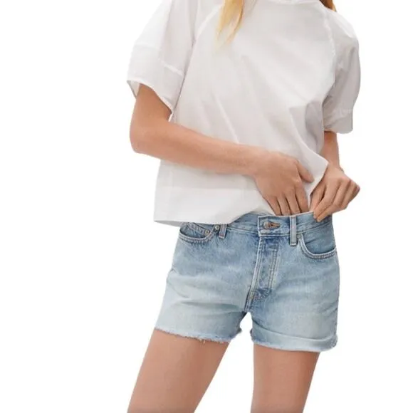 EVERLANE Short Women Sz 27 Blue '90s Mid Rise Raw Hem Organic Classic Preppy NWT