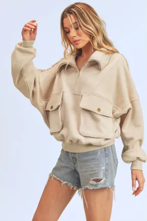 Exposed Seam Half Zip Cream Color Sweatshirt with Pockets