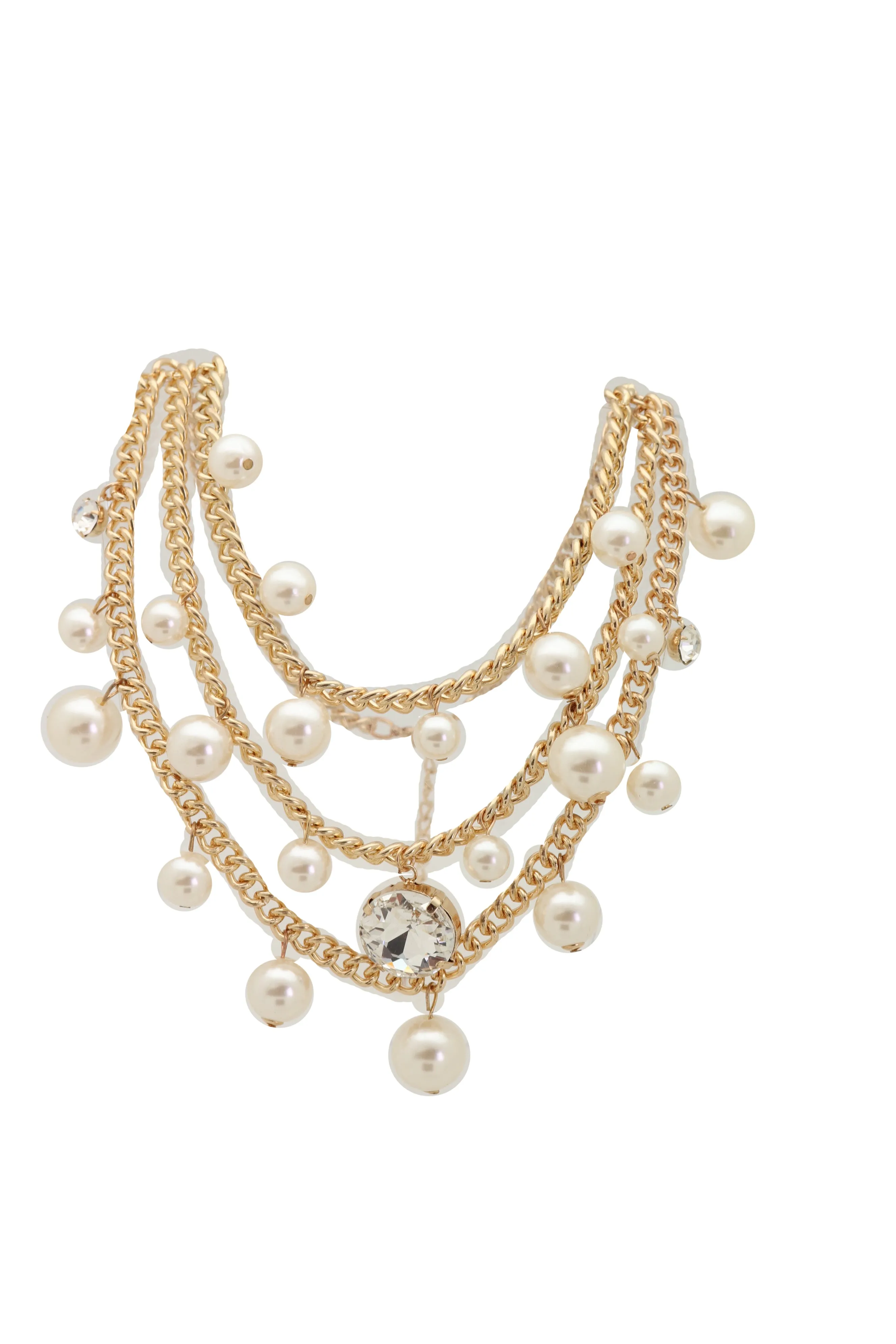 Fancy Gold Metal Chain Pearl Beads 3 Strands Long Necklace