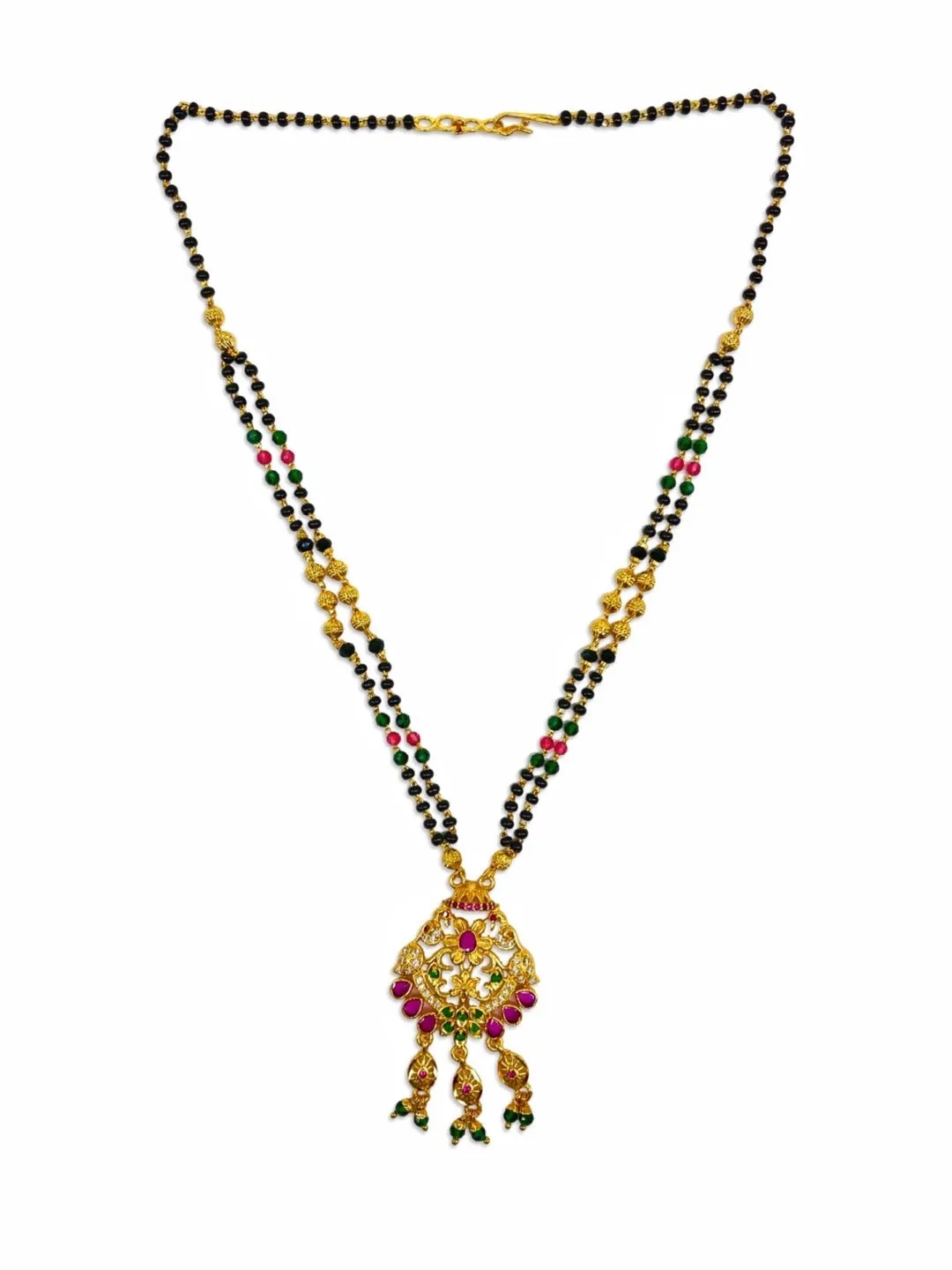 Fancy Short Mangalsutra Designs Flower/Peacock AD Pendant With Latkan Green Pink & Black Beads Chain