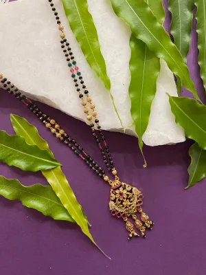 Fancy Short Mangalsutra Designs Flower/Peacock AD Pendant With Latkan Green Pink & Black Beads Chain