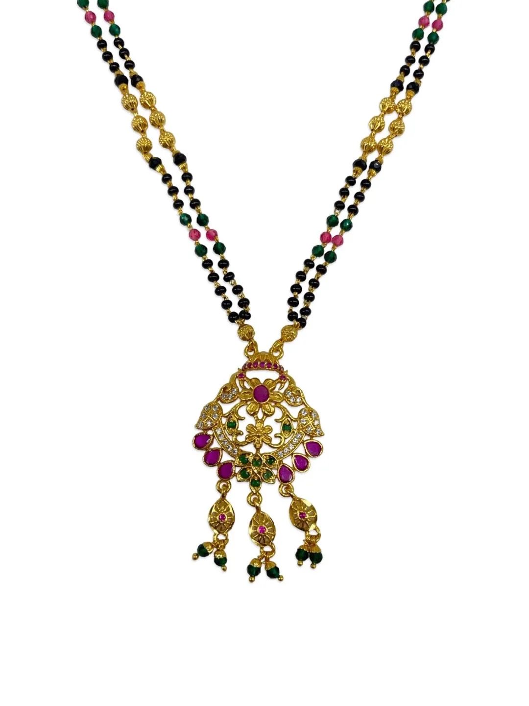 Fancy Short Mangalsutra Designs Flower/Peacock AD Pendant With Latkan Green Pink & Black Beads Chain