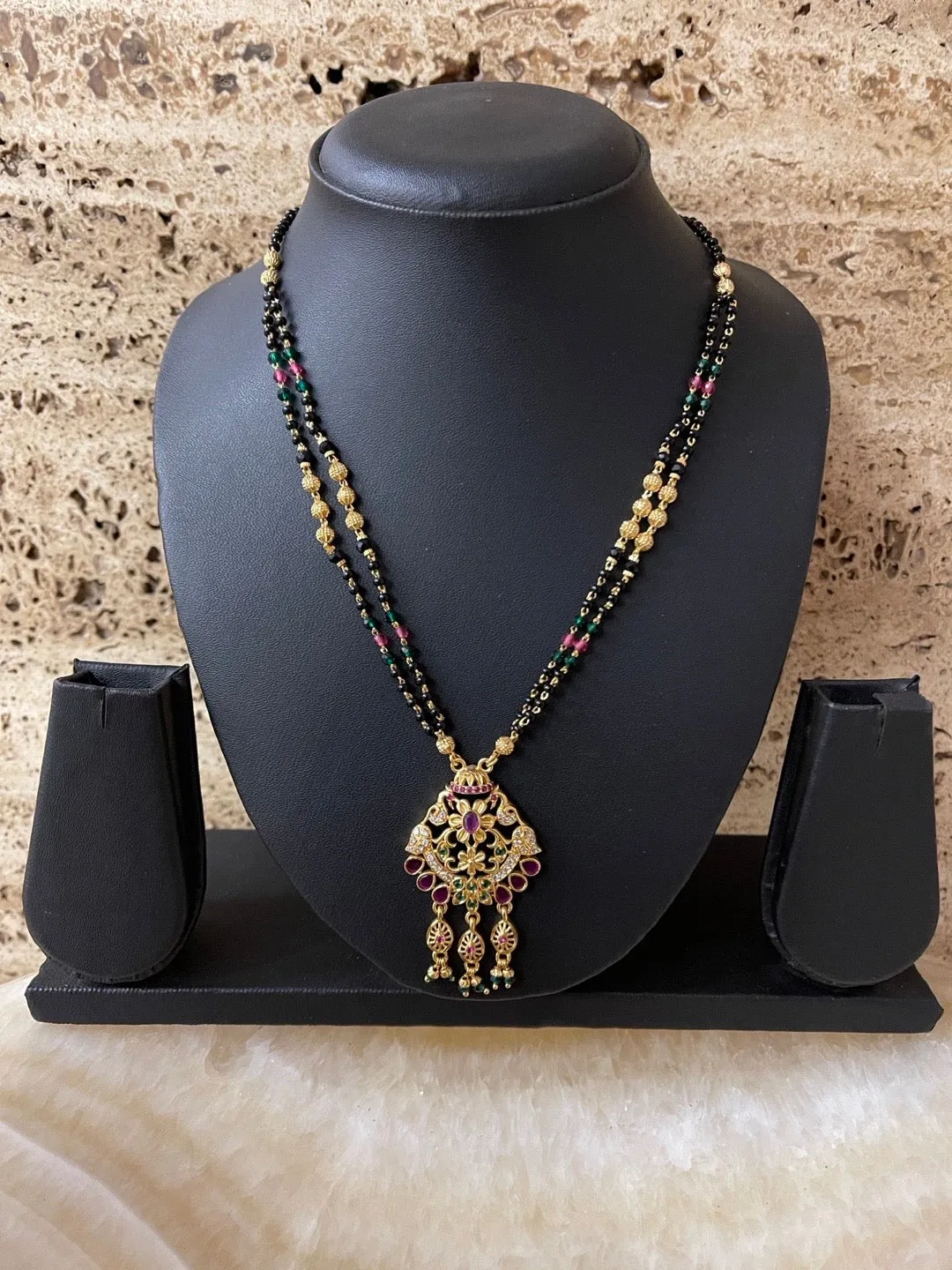 Fancy Short Mangalsutra Designs Flower/Peacock AD Pendant With Latkan Green Pink & Black Beads Chain