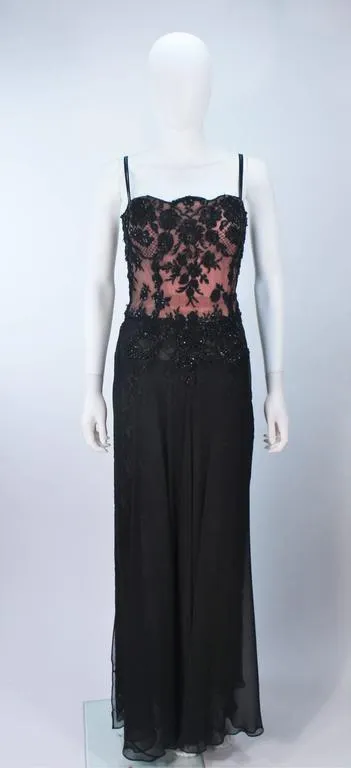FE ZANDI Beverly Hills Beaded Black Lace Chiffon Gown Size 4 - 6