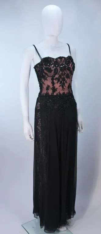 FE ZANDI Beverly Hills Beaded Black Lace Chiffon Gown Size 4 - 6
