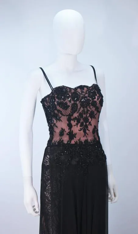FE ZANDI Beverly Hills Beaded Black Lace Chiffon Gown Size 4 - 6