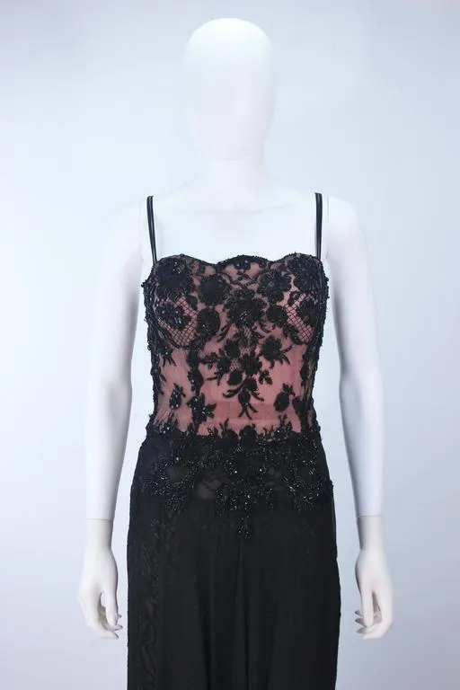 FE ZANDI Beverly Hills Beaded Black Lace Chiffon Gown Size 4 - 6