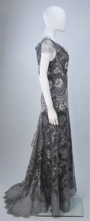 FE ZANDI Silver Lace Lame Gown with Scalloped Edges Size 8-10