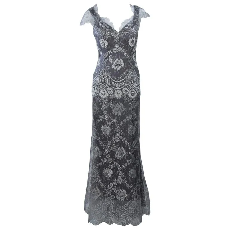 FE ZANDI Silver Lace Lame Gown with Scalloped Edges Size 8-10