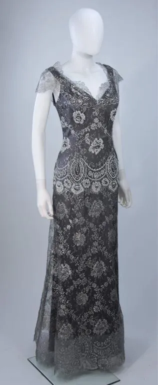 FE ZANDI Silver Lace Lame Gown with Scalloped Edges Size 8-10