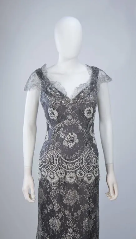 FE ZANDI Silver Lace Lame Gown with Scalloped Edges Size 8-10