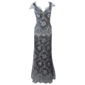 FE ZANDI Silver Lace Lame Gown with Scalloped Edges Size 8-10