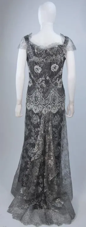 FE ZANDI Silver Lace Lame Gown with Scalloped Edges Size 8-10