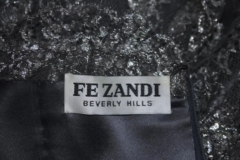 FE ZANDI Silver Lace Lame Gown with Scalloped Edges Size 8-10