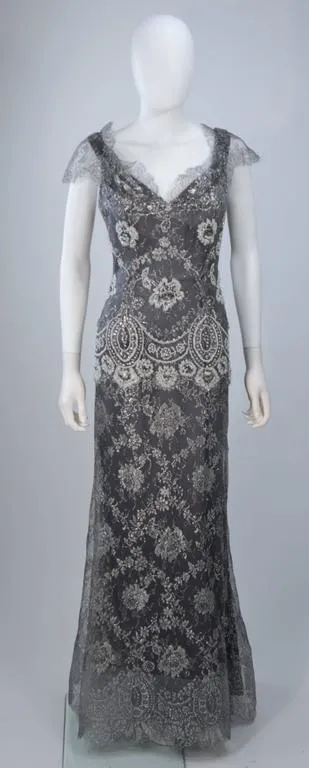 FE ZANDI Silver Lace Lame Gown with Scalloped Edges Size 8-10
