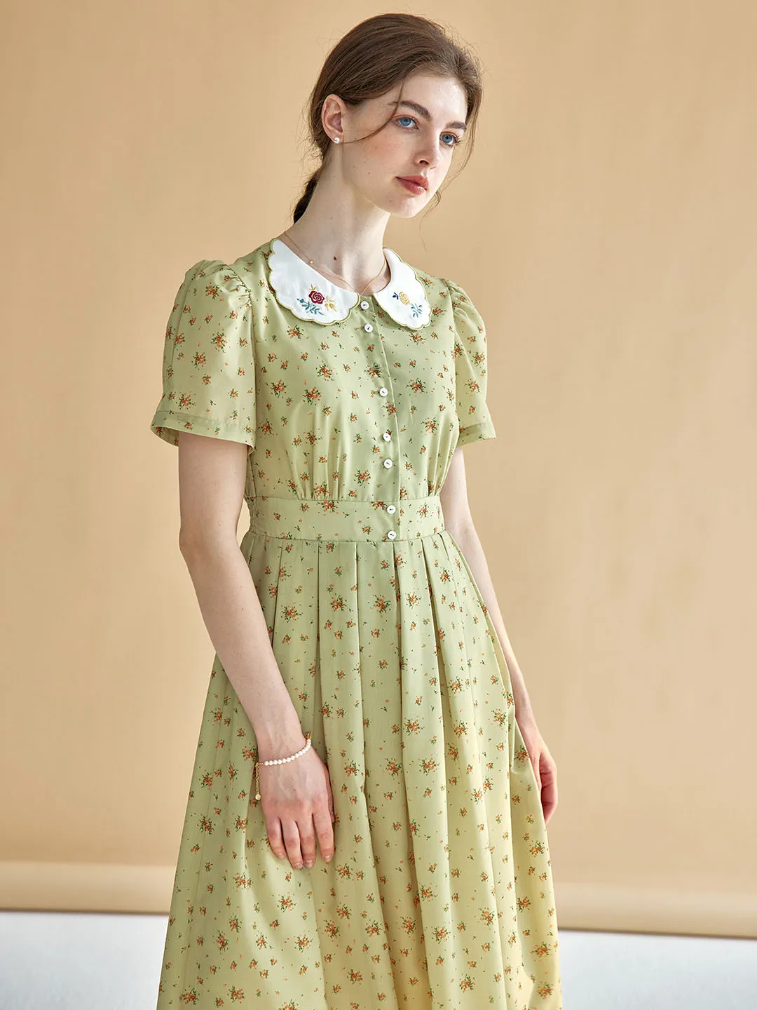 【Final Sale】Livia Ditsy Floral Print Peter Pan Collar Puff Sleeve Dress