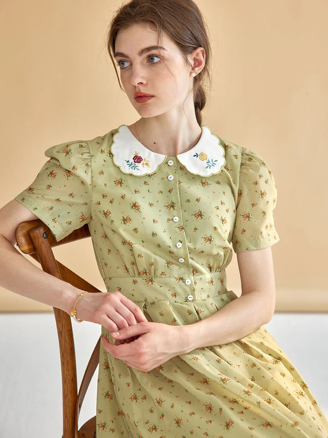 【Final Sale】Livia Ditsy Floral Print Peter Pan Collar Puff Sleeve Dress