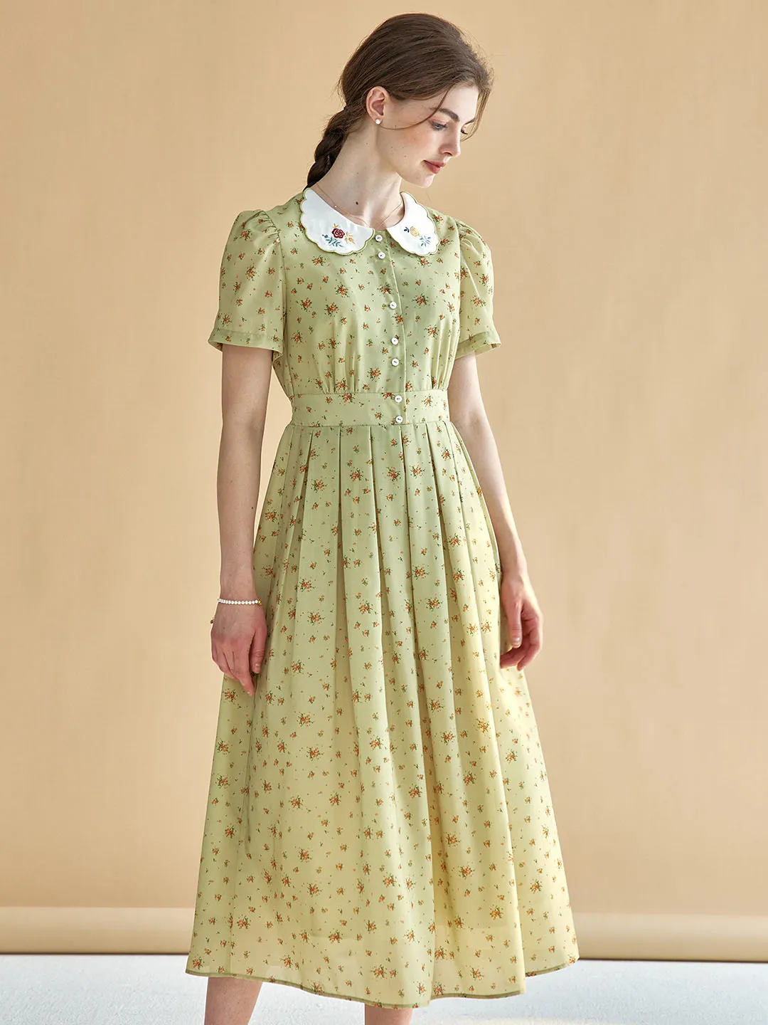 【Final Sale】Livia Ditsy Floral Print Peter Pan Collar Puff Sleeve Dress