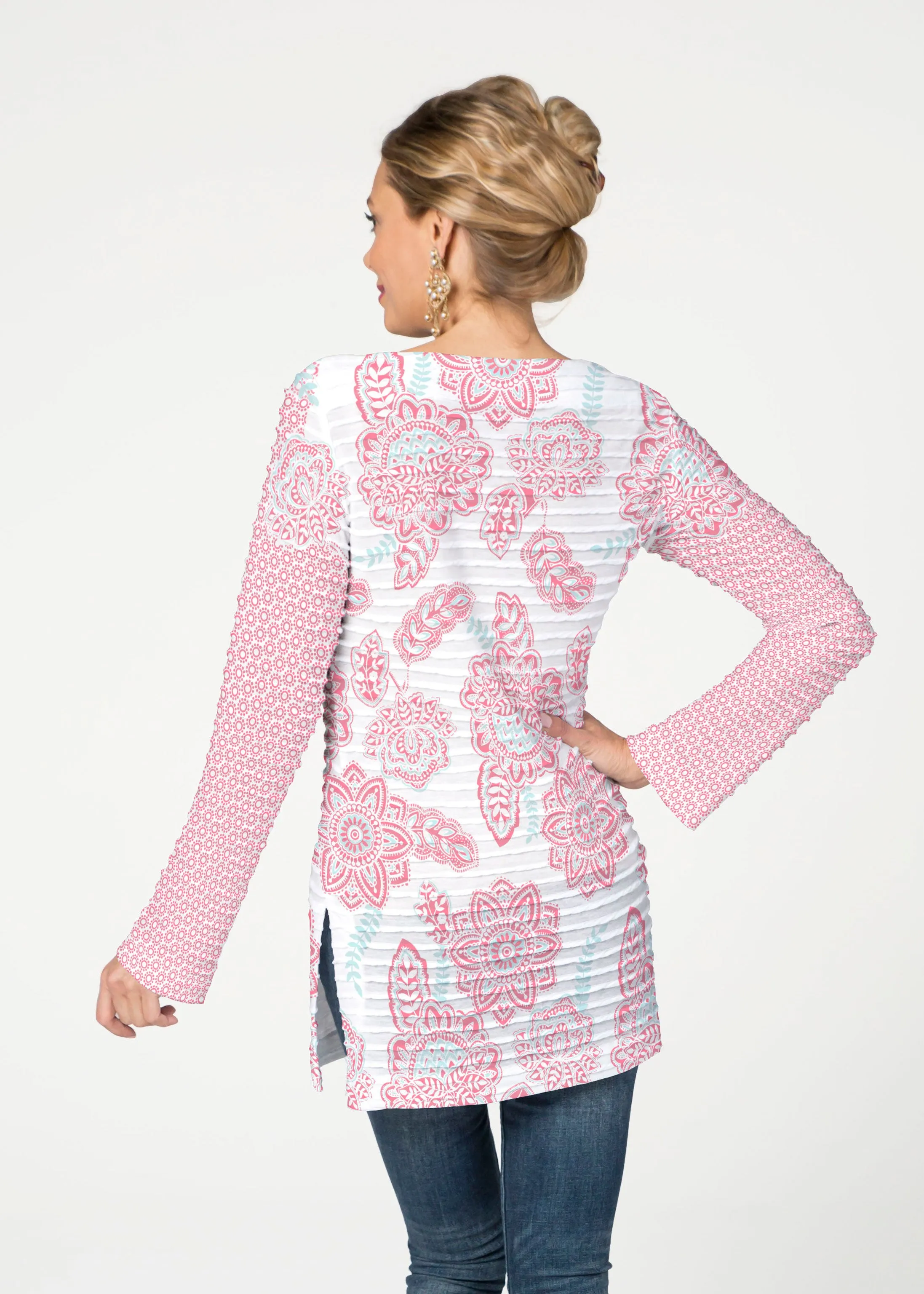 Floral Sunshine Pink (13543) ~ Banded Boatneck Tunic