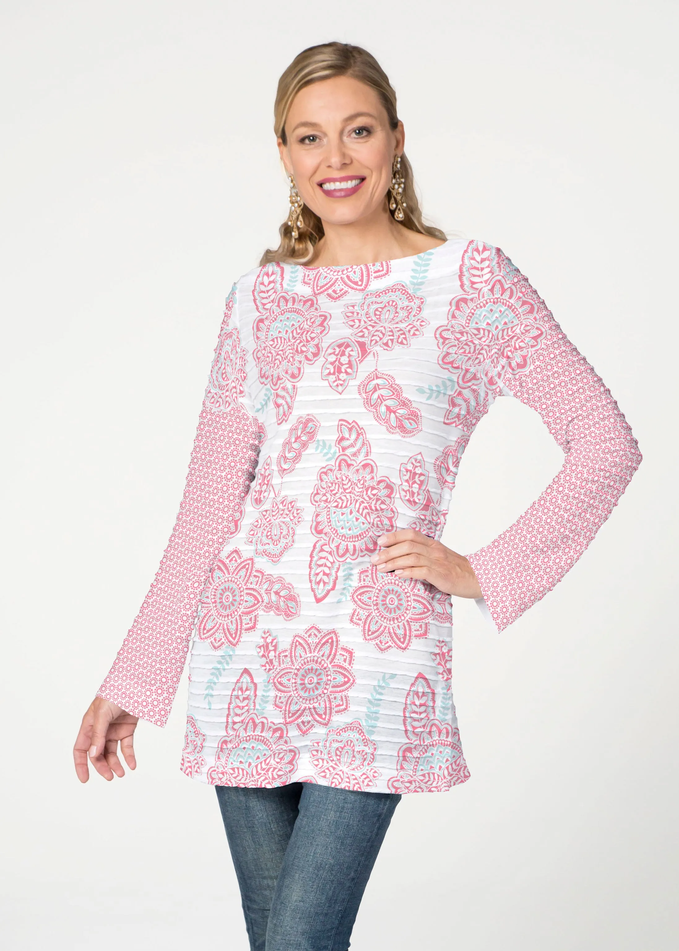 Floral Sunshine Pink (13543) ~ Banded Boatneck Tunic