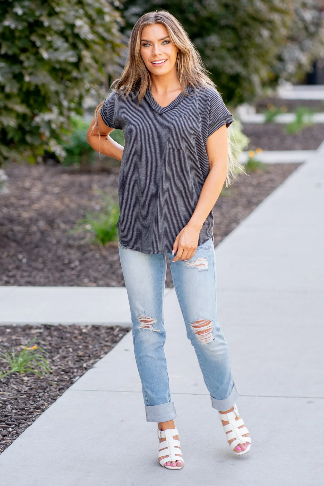Front Pocket Short Sleeve Ribbed Top Regular & Plus Sizes