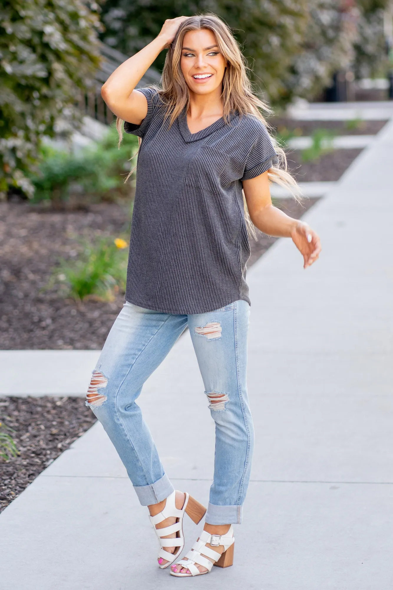 Front Pocket Short Sleeve Ribbed Top Regular & Plus Sizes