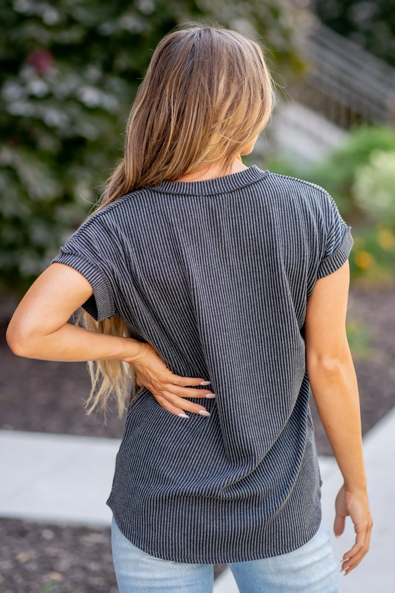 Front Pocket Short Sleeve Ribbed Top Regular & Plus Sizes