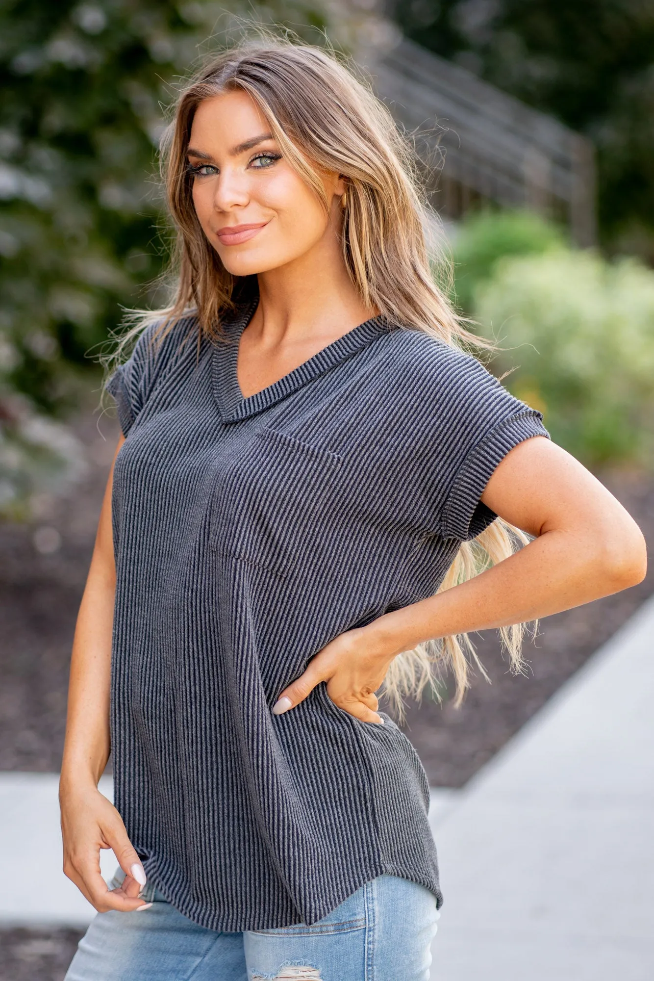 Front Pocket Short Sleeve Ribbed Top Regular & Plus Sizes