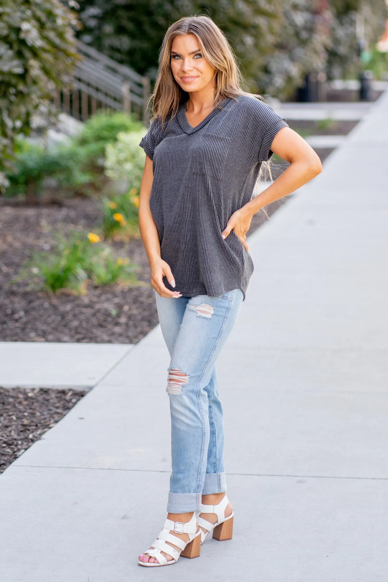 Front Pocket Short Sleeve Ribbed Top Regular & Plus Sizes