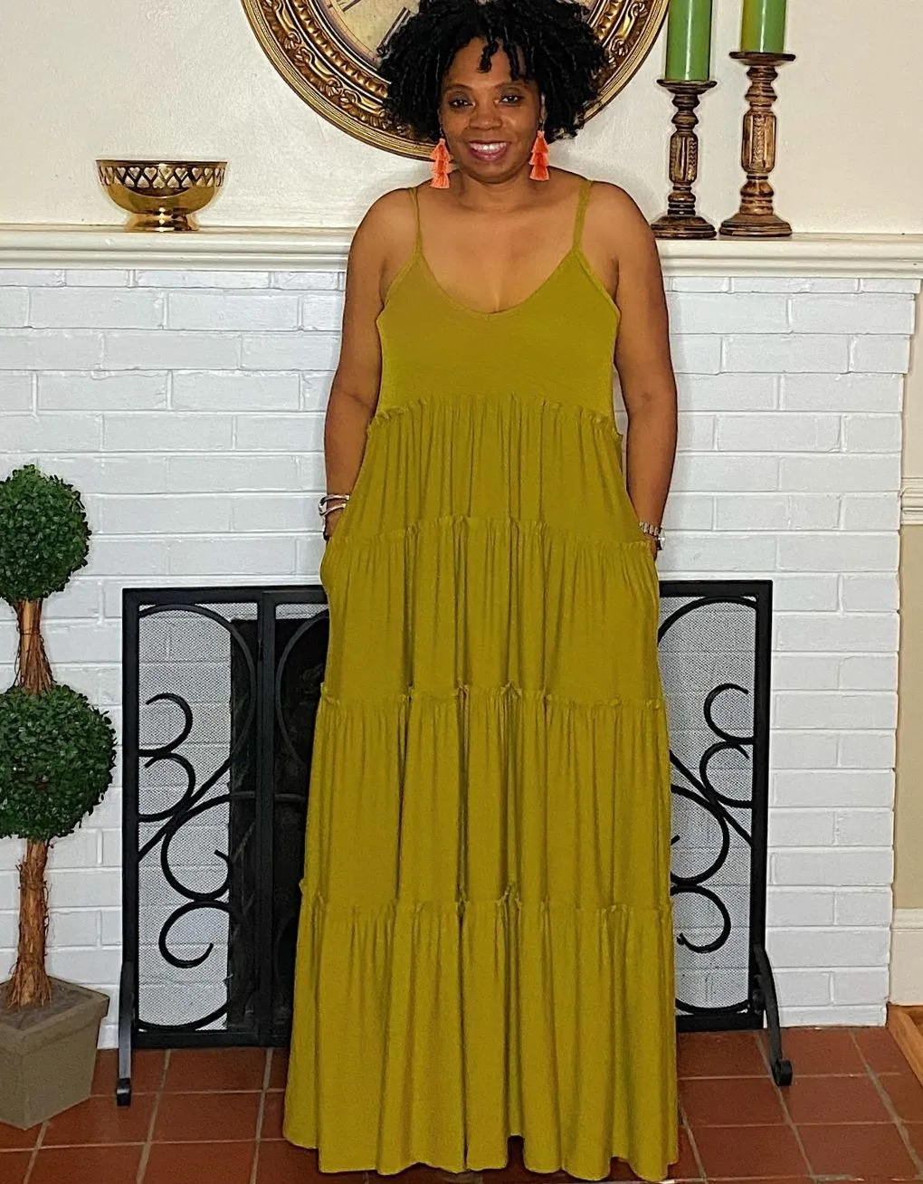 ‘Gianna’ Tiered Maxi Olive Mustard