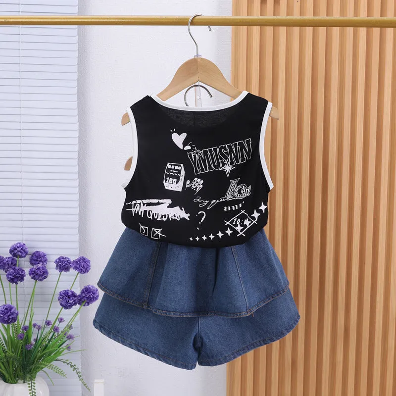 Girls culottes set foreign summer 2025 new fashion Internet celebrity sleeveless vest denim skirt two-piece set