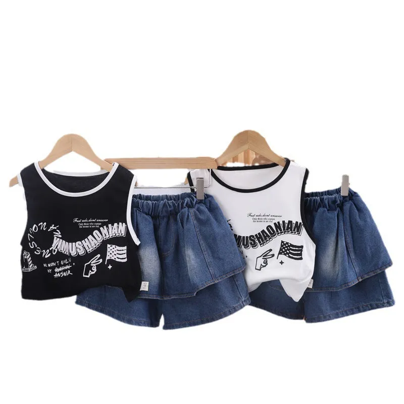 Girls culottes set foreign summer 2025 new fashion Internet celebrity sleeveless vest denim skirt two-piece set